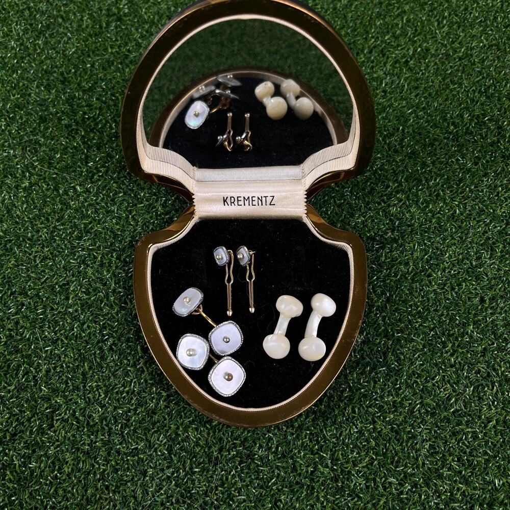 Vintage Krementz Gold Tone Mother-of-Pearl Cufflinks Tuxedo Stud Set Mirror Box